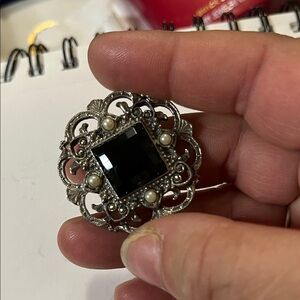 Antique Black and Pearl Filigree Brooch